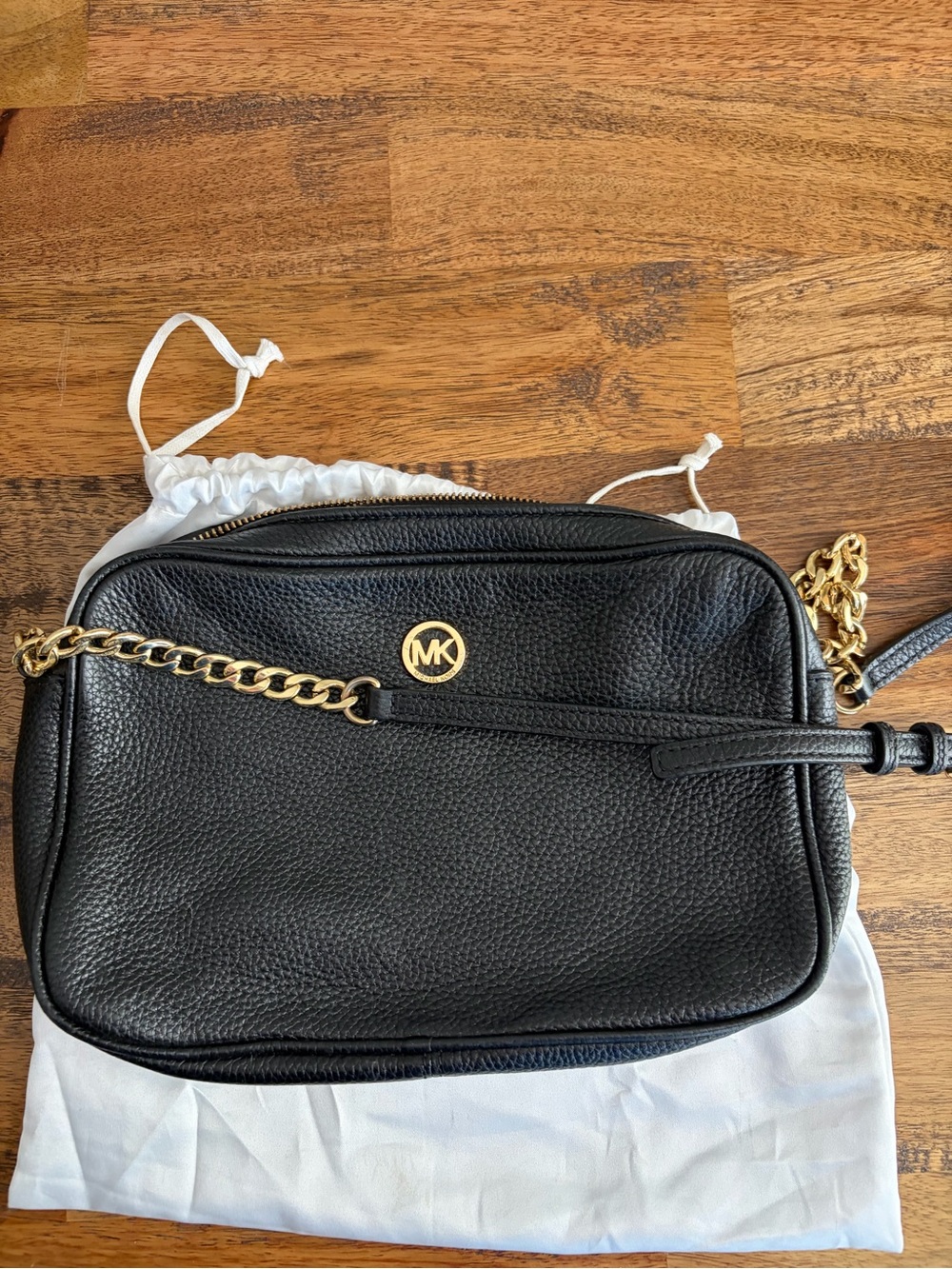 Michael Kors Black Leather Crossbody with Gold-Tone Chain
